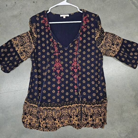 Skies Are Blue BohoTie Neck Blouse Large Navy Blue Golden Yellow Embroidered - Picture 1 of 5